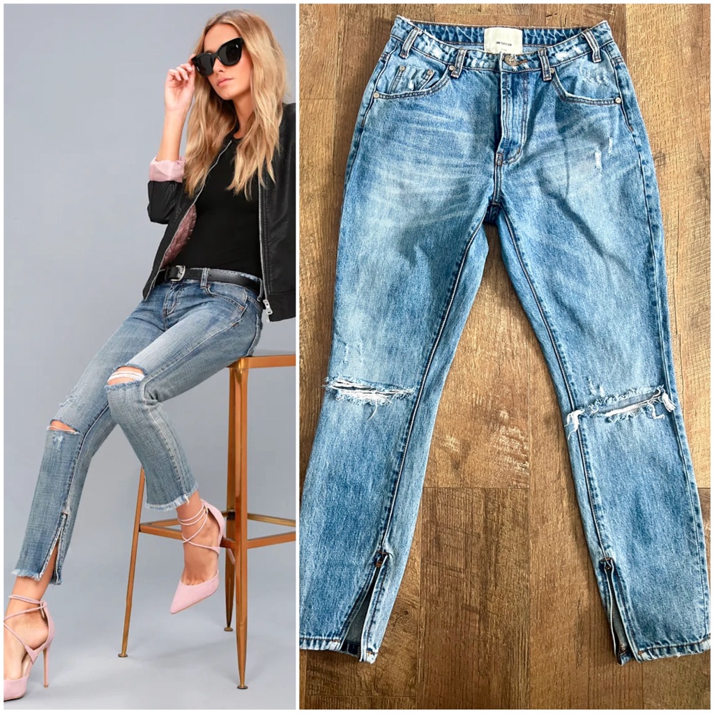 One Teaspoon Freebird Distressed High Rise Skinny Jeans With Ankle Zips 28